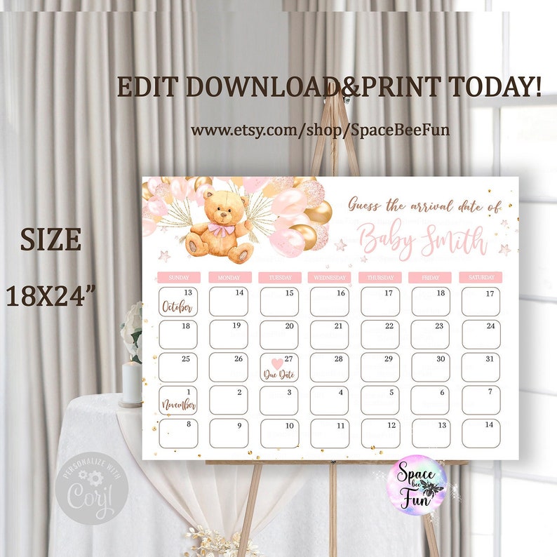 Editable Teddy Bear Baby shower Due Date calendar game Girl Guess Baby's Birthday Baby Prediction Digital Template instant download B1 image 1