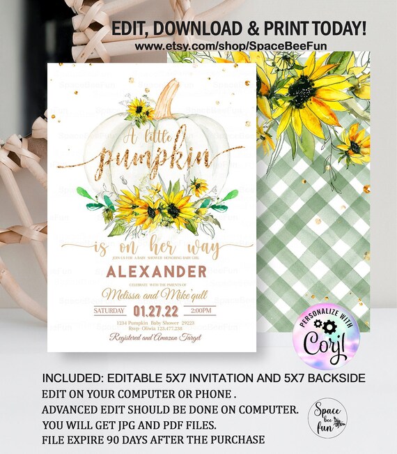 Editable Pumpkin Baby Shower Invitation Boy Sunflower Girl White pumpkin gold a Little pumpkin Fall White Pumpkin template download PU7 Il_570xn
