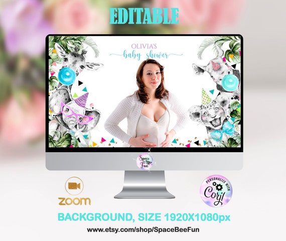 EDITABLE Zoom Background Baby Shower , Safari Virtual Baby Shower, Jungle Social Distance Theme Safari and Jungle Instant Download Il_570xn