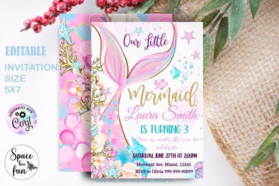 Editable Mermaid Birthday Party Invitation instant download Girl Pink Purple Gold Blue Mermaid Birthday Under The Sea Printable Template Il_570xn