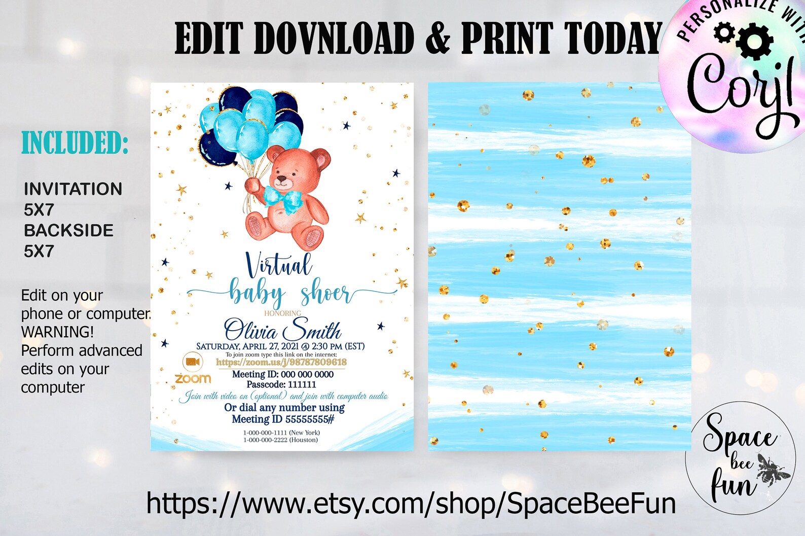 Teddy Bear ZOOM Baby Shower Invitation Boy Teddy Bear Virtual Etsy