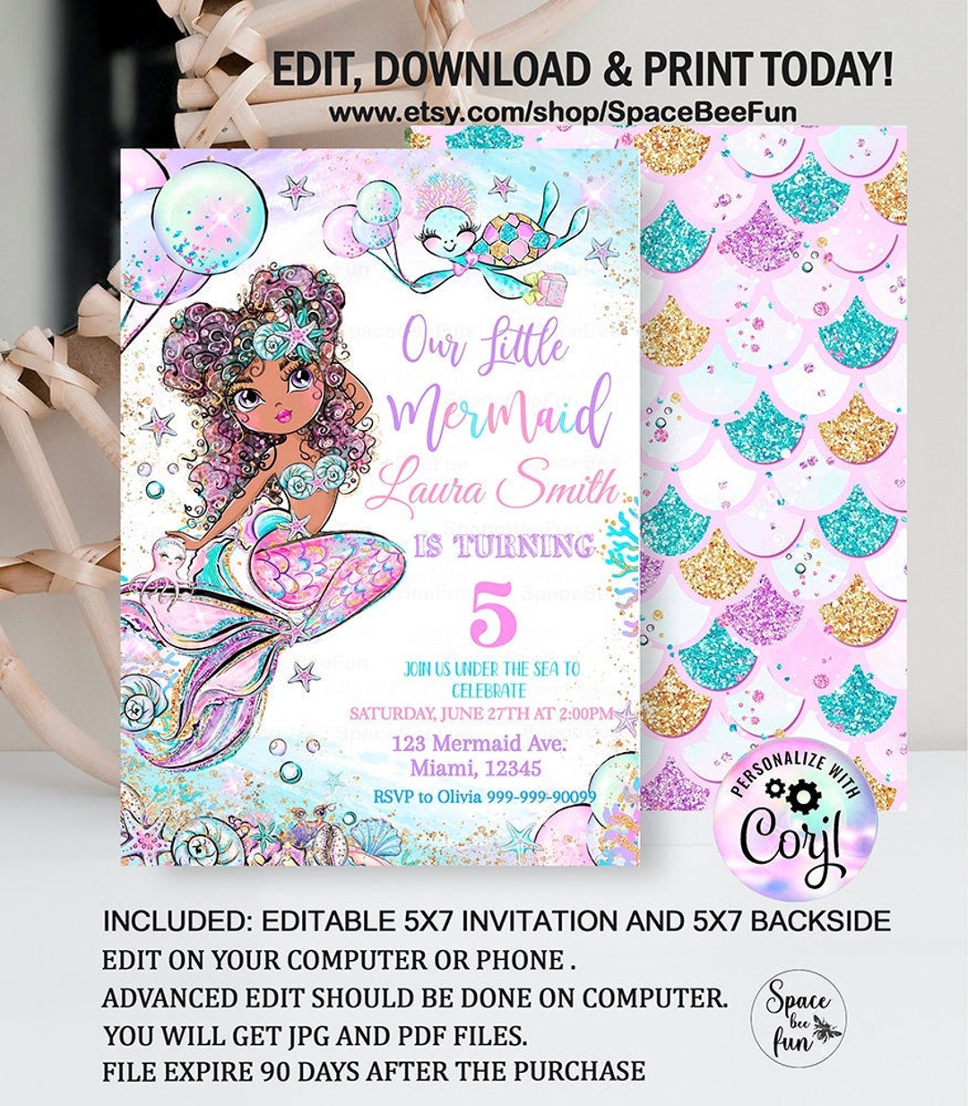 Editable Black Mermaid Birthday Invitation Afro Girl Mermaid Party