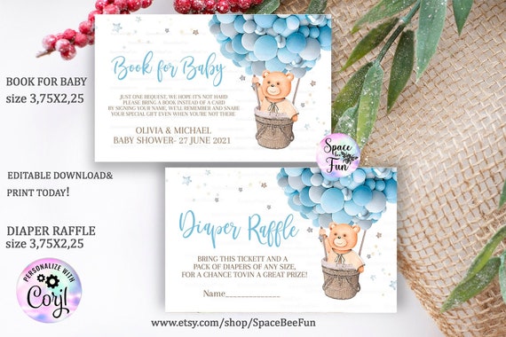 Editable Teddy Bear Baby Shower Book and diaper raffle Invitation, We Can Bearly Wait, Bear Baby Shower invite Boy Bear with Balloons Dow B1 Il_570xn