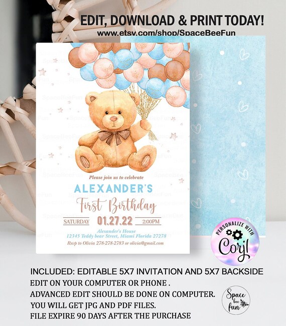 Editable Teddy Bear Birthday Invitation Boy 1st Birthday Bear Party Bear Themed Invite with Balloons Invitations Printable download B1 Il_570xn