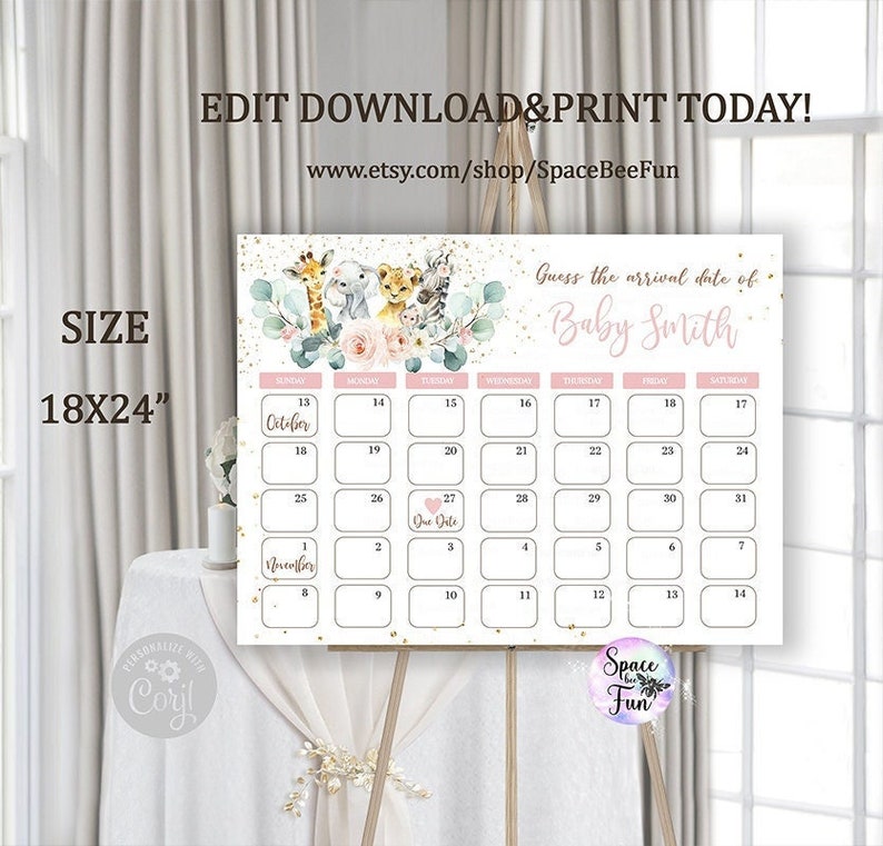 Editable Safari Baby shower Due Date calendar game Girl Guess Baby's Birthday Baby Prediction Digital Template instant download 077 image 1