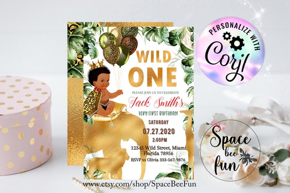 EDITABLE Jungle Gold One Birthday invitations Boy Safari Gold Birthday invitation, wild one Invites Instant download Printable template Il_570xn