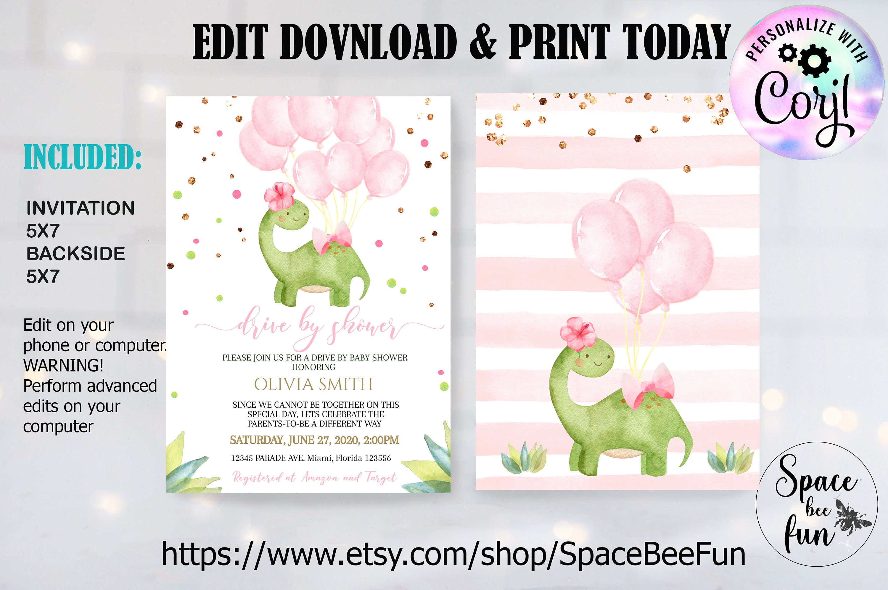 Editable Dinosaur Drive By Baby Shower Invitation Dino Drive Etsy