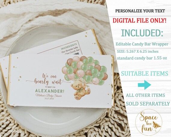 EDITABLE Teddy Bear Baby shower Boy, Chocolate Bar Wrapper Template Candy Bar Wrapper, Sage Hot air balloon brown blue Digital Download B1 Il_570xn