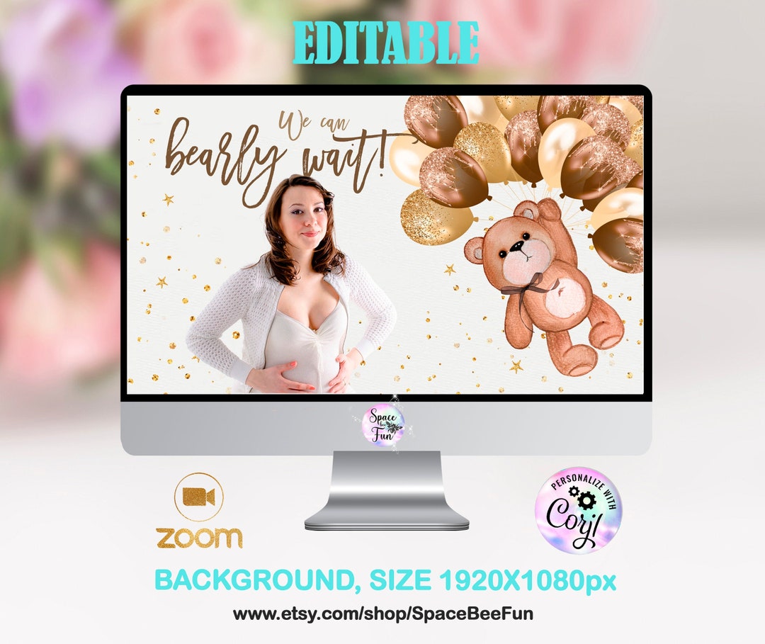 EDITABLE Zoom Background Baby Shower Teddy Bear Virtual Baby Shower We