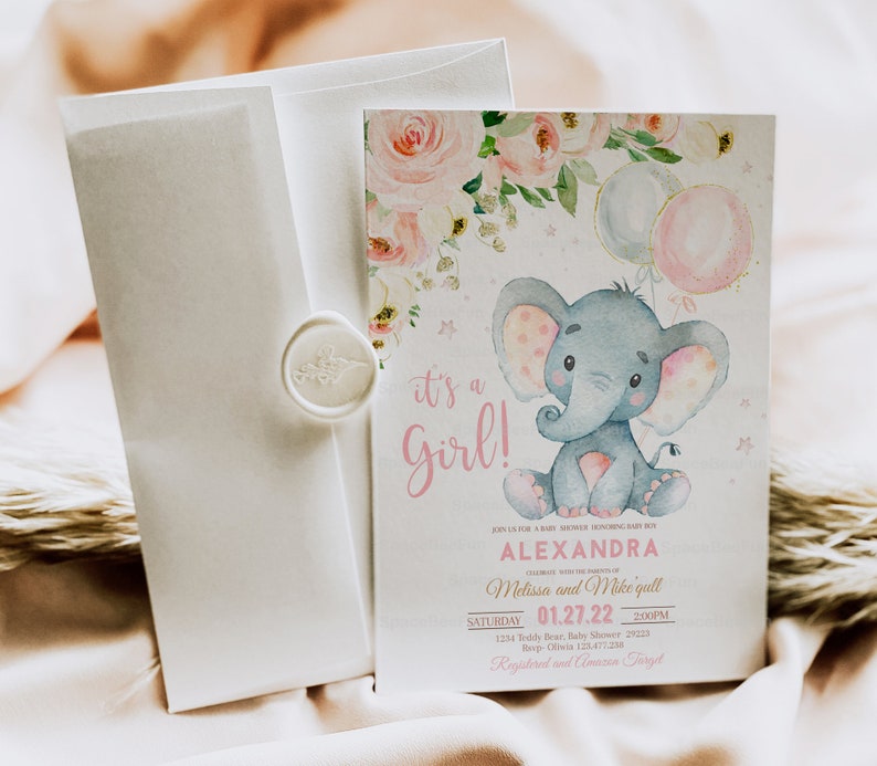 EDITABLE Elephant Baby Shower Invitation Girl Blush Pink Baby Etsy