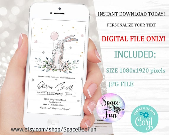 Editable Evite Baby Shower Velveteen Rabbit Baby Shower Invitation Rustic Bunny balloon retro Theme Electronic Text Message template Il_570xn