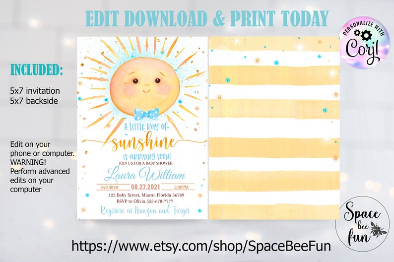 EDITABLE Sunshine Baby Shower Invitation Zoom Baby Shower Etsy