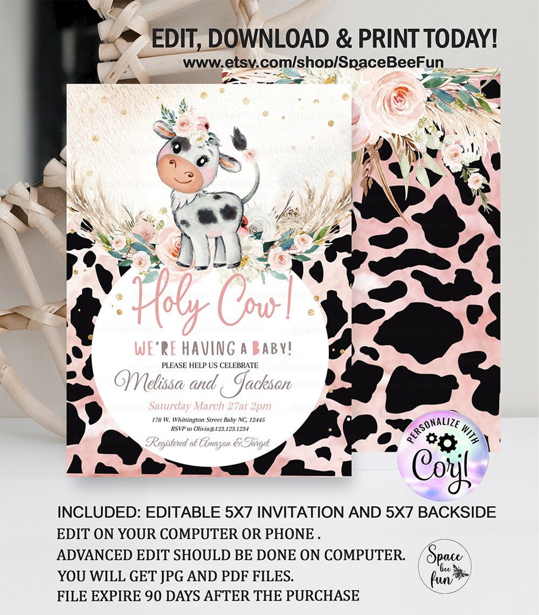 EDITABLE Holy Cow Baby Shower Invitation Cow Boho Pampas Grass Farm