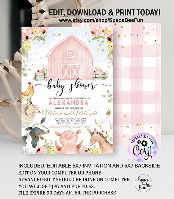 Farm Baby Shower Invitation Girl Editable Cow Baby Shower Etsy
