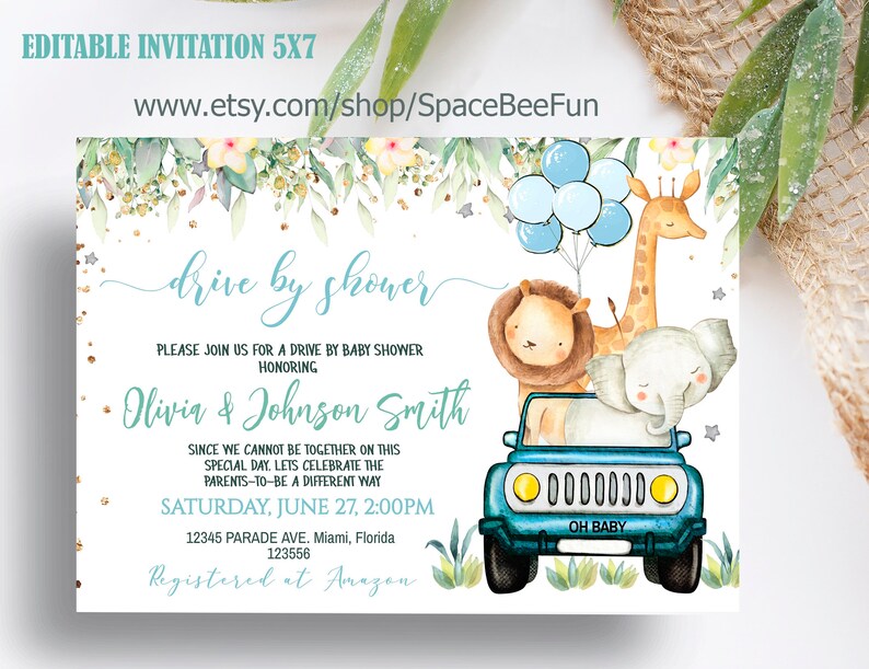 EDITABLE Drive By Baby Shower Safari animals Lion Elephant Drive Through invite Jungle Gender natural Baby Shower Social Distancing image 1