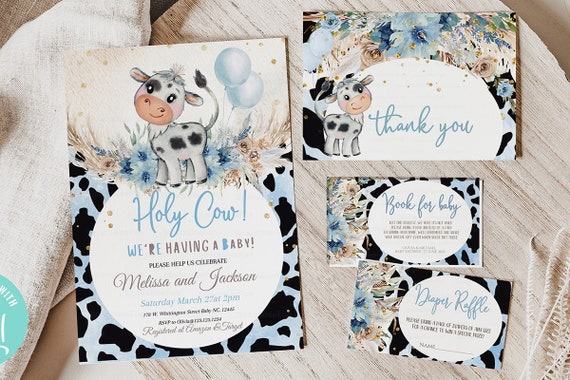 EDITABLE Holy Cow Baby Shower Invitation Set Boy Cow Boho Pampas Grass Farm animal invites Mommy to be template instant download L1 Il_570xn