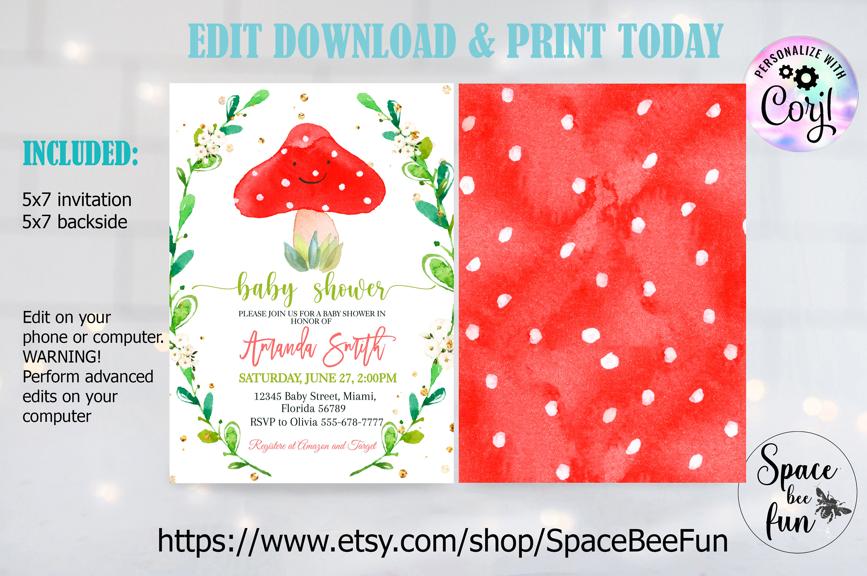 EDITABLE Mushroom Baby Shower Invitations Mushroom Virtual Etsy UK