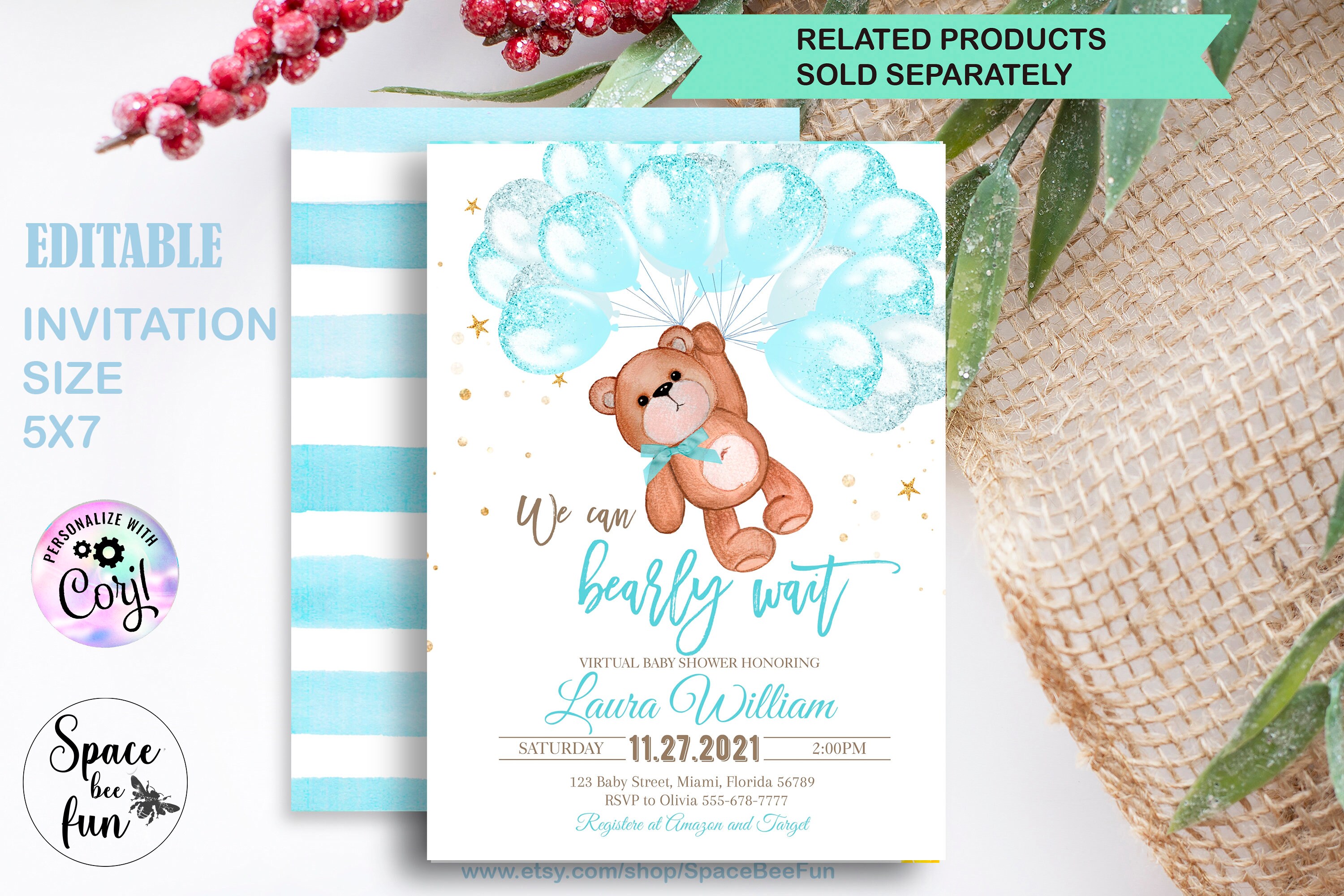 EDITABLE Zoom Background Baby Shower Boy Bear Virtual Baby Etsy