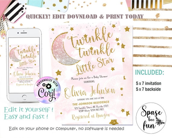 EDITABLE Twinkle Twinkle Little Star Baby Shower Invitation, Gender reveal invite little star, Instant Download Template Digital Little Star Il_570xn
