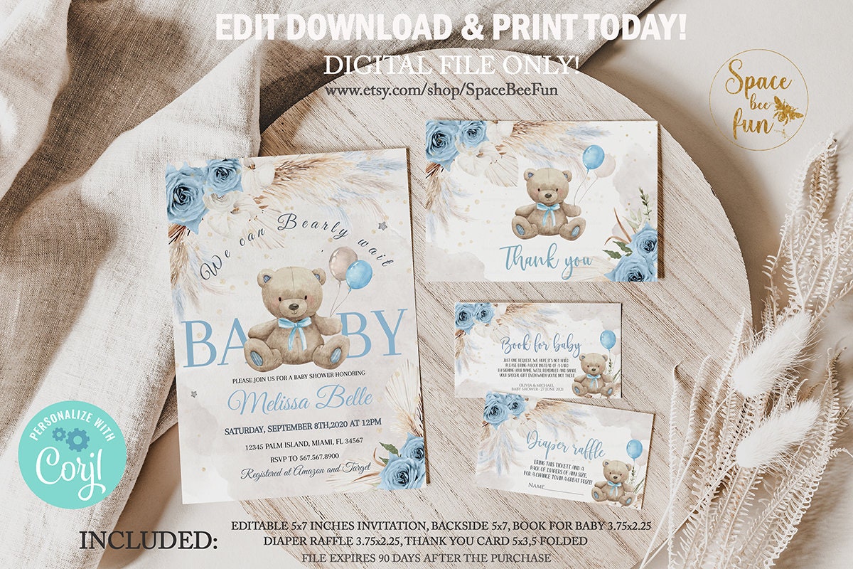 Boy Teddy Bear Baby Shower Invitation With Free Diaper Raffle -  Norway