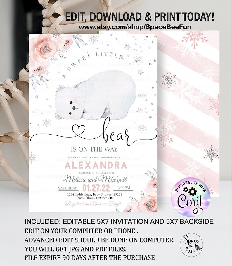 Editable Bear Snowflake Polar Winter Wonderland Baby Shower Invitation Girl Bear Little Cub Invite Template Instant Download WP image 1