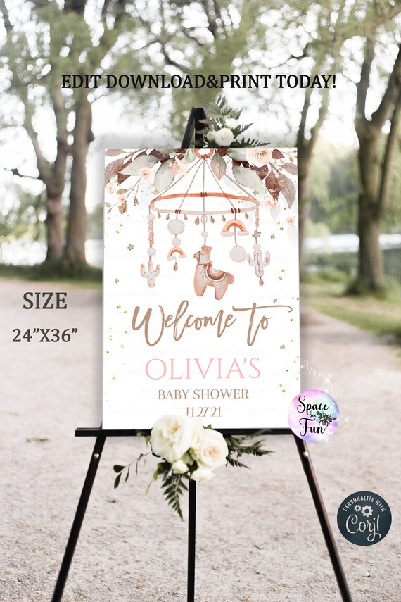 EDITABLE Welcome Sign Rainbow Boho Baby Shower, Rainbow Llama Sign Gender neutral Baby Shower Template instant download 01 Il_570xn