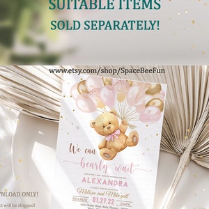 Editable Teddy Bear Baby Shower Book and Diaper Raffle Invitation, Games We Can Bearly Wait, Bear Shower invite Girl Bear with downloadB1 image 2