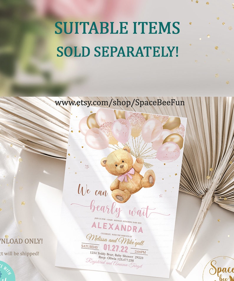 Editable Teddy Bear Baby Shower Book and Diaper Raffle Invitation, Games We Can Bearly Wait, Bear Shower invite Girl Bear with downloadB1 image 2