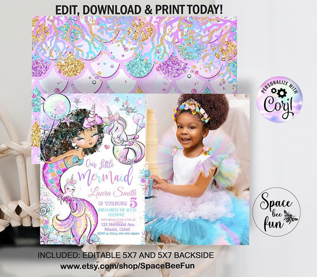 Editable Black Mermaid Birthday Invitation Unicorn Mermaid - Etsy