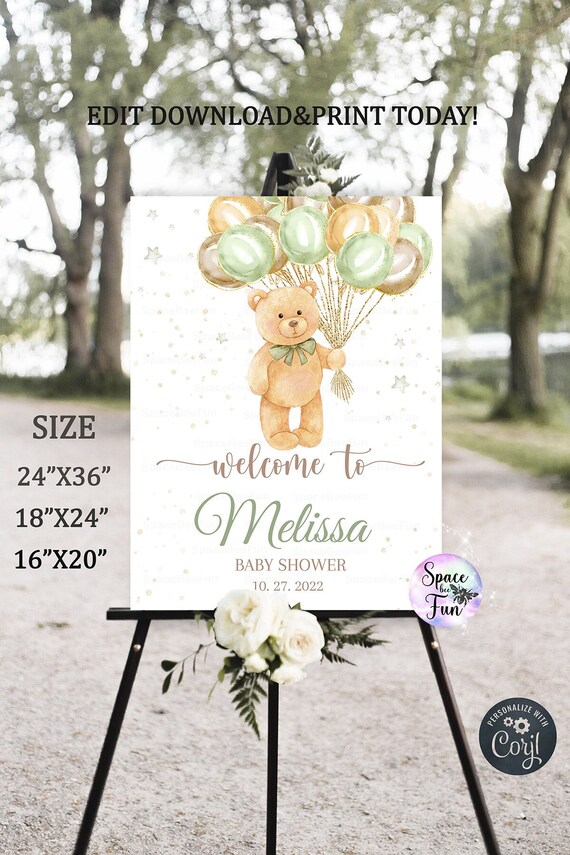 Editable Teddy Bear Baby Shower Welcome sign Decorations centerpiece Sage Boho Baby Boy Teddy Bear Balloons Baby Shower Instant Download B1 Il_570xn
