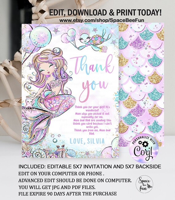 Editable Mermaid Birthday Thank you card Invitation Mermaid Party invite, Pool invite, Turtle Magical party, Mermaid downloa D111 Il_570xn