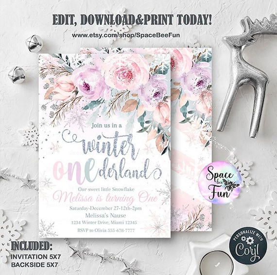 Editable Winter ONEderland Invitation 1st Birthday Girl Silver Pink Floral Snowflake Winter Onederland Template Digital Instant Download 029 Il_570xn