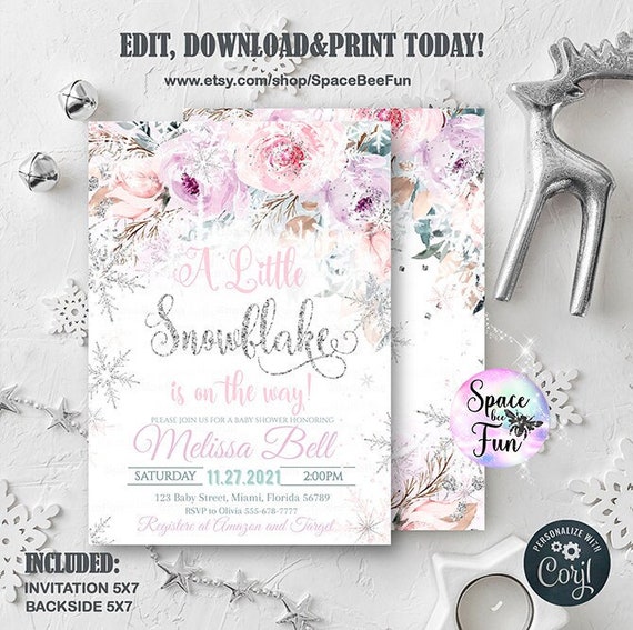 Editable Snowflake baby shower invitation A little snowflake is on the way invite, Girl Winter Purple Pink Silver Template download 029 Il_570xn