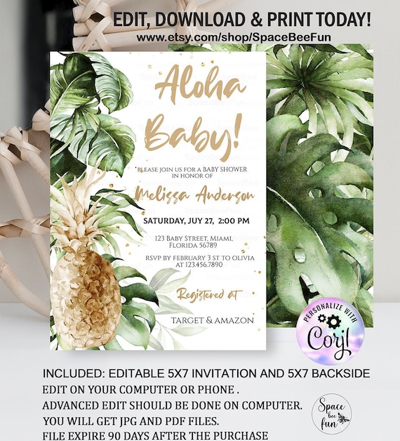 Editable Aloha Baby Shower Invitation Pineapple Baby Shower Invitation Hawaiian Baby Shower Tropical Luau Baby Shower Instant download S027 Il_570xn