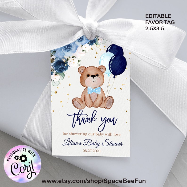 Editable Teddy Bear Baby Shower Boy Favors Gift tags Favor tag Bear Baby Shower Thank you tags Bear Balloons template printable download image 1