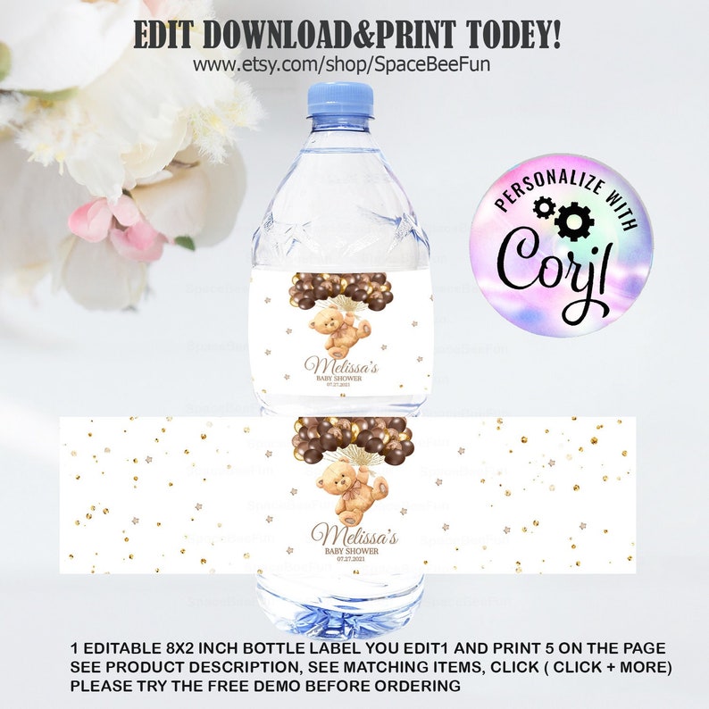 EDITABLE Teddy bear baby shower Water bottle label Boy, Decorations Baby Shower Bottle Label Bear Themed Instant download Printable B1 image 1