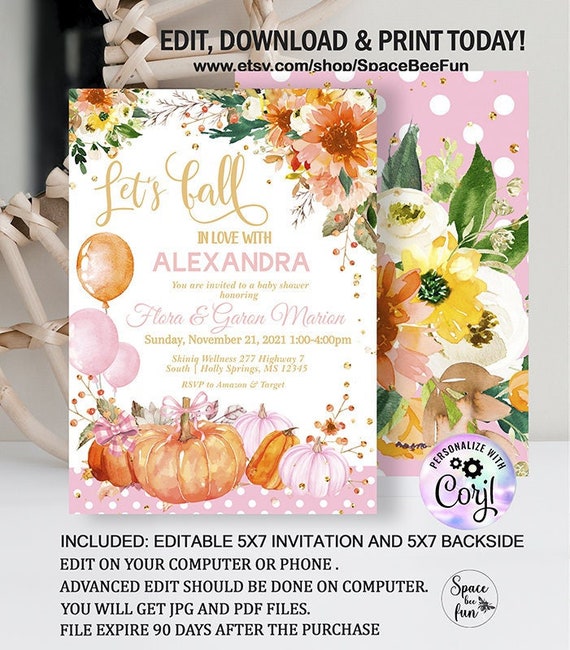 EDITABLE Pumpkin Baby Shower Invitation Girl Pink and Gold Etsy