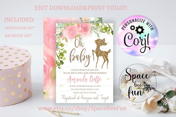 EDITABLE Deer Baby Shower Invitation Oh Baby invites, wishful Paperie baby shower, Woodland Baby Shower, Pink invitation 007 Il_570xn