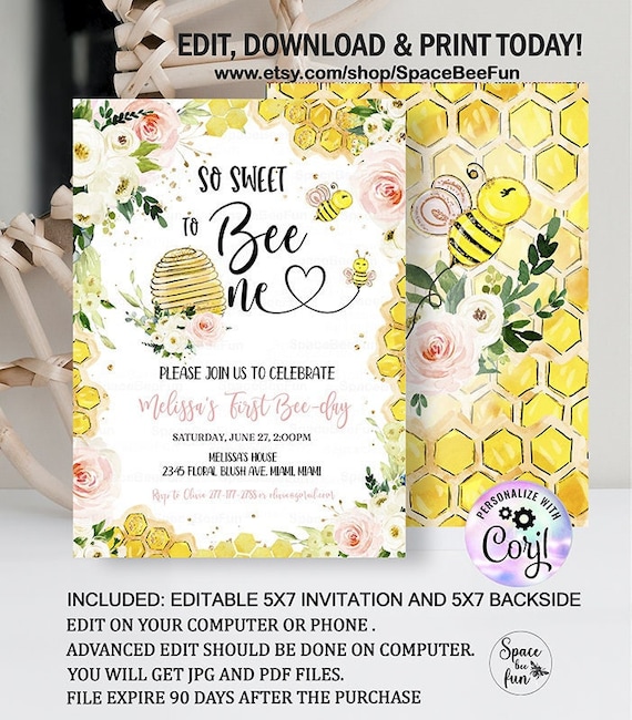Editable Bee Birthday Invitation Bee 1st Birthday Invite Honey Bee Birthday Party So Sweet To Bee One Printable instant download BE1 Il_570xn