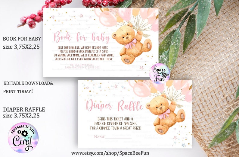 Editable Teddy Bear Baby Shower Book and Diaper Raffle Invitation, Games We Can Bearly Wait, Bear Shower invite Girl Bear with downloadB1 image 1
