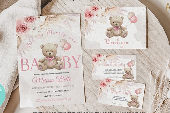 Editable Teddy Bear Baby Shower Invitation Set with Teddy Bear Girl, Teddy Bear and Balloon Themed Invitation Set, Bear Printable Set B1 Il_570xn