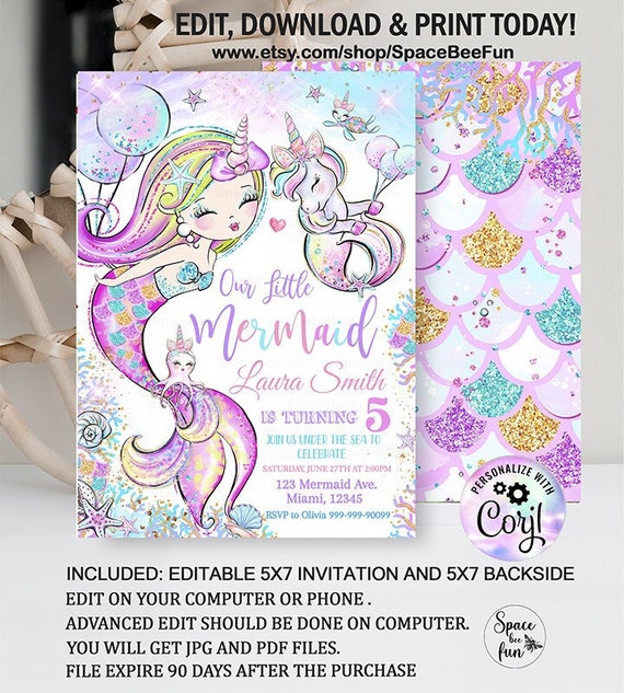 Editable Mermaid Birthday Invitation, Unicorn Party Mermaid invite, Girl Pink Purple Gold Unicorn party, Magical Unicorn Instant download Il_570xn