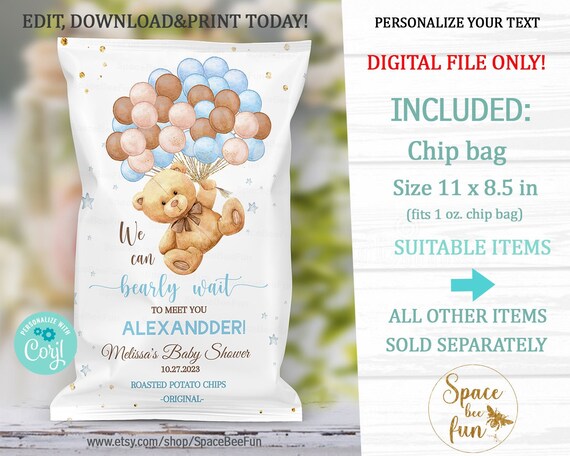 EDITABLE Teddy Bear Baby shower Boy, Chip Bag Wrapper Template Candy Bar Wrapper, Hot air balloon brown blue Digital Download B1 Il_570xn