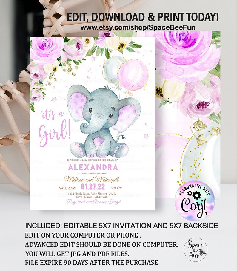 EDITABLE Elephant Baby Shower Invitation Girl Purple Pink Baby Etsy