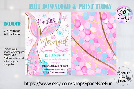 Editable Mermaid Birthday Invitation 4 Party Instant Download Girl.
