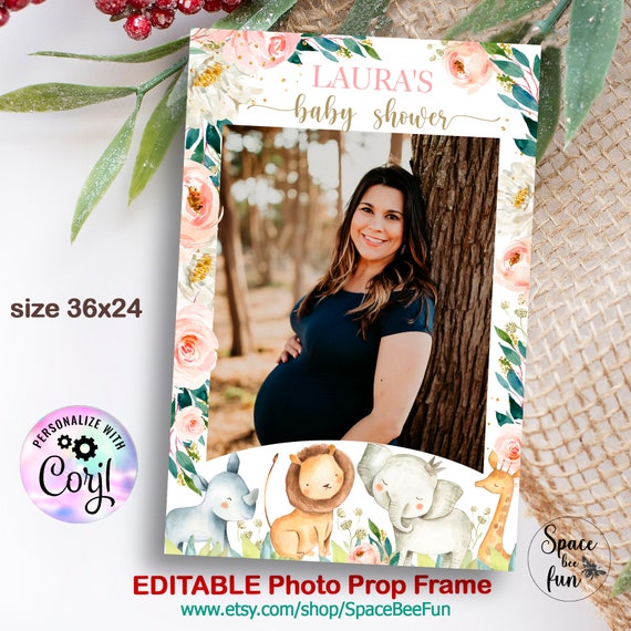 EDITABLE Photo booth frame Baby shower Elephant, Safari Jungle Photo