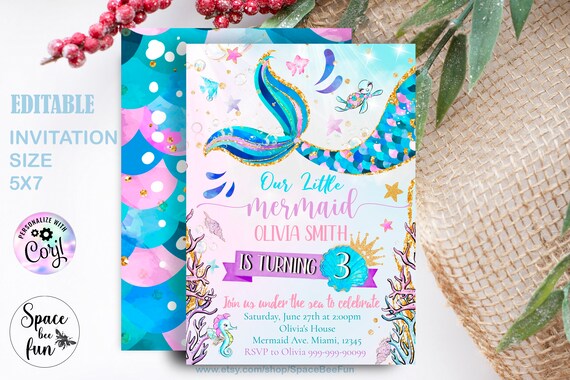 Editable Mermaid Birthday Party Invitation instant download Girl Pink Purple Gold Blue Mermaid Birthday Under The Sea Printable Template Il_570xn