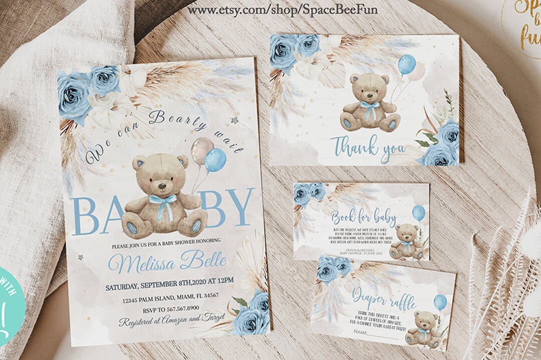 Editable Teddy Bear Baby Shower Invitation Set With Teddy Bear Boy ...