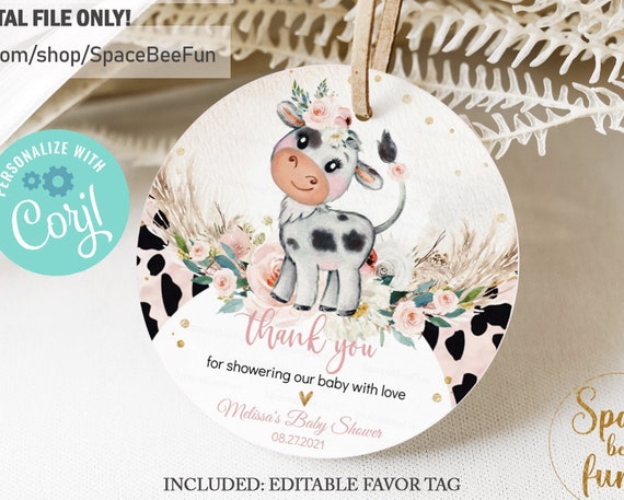 EDITABLE Holy Cow Baby Shower Girl favor tag Cow Boho Pampas Grass Farm animal invites Mommy to be template printable instant download L1 Il_570xn
