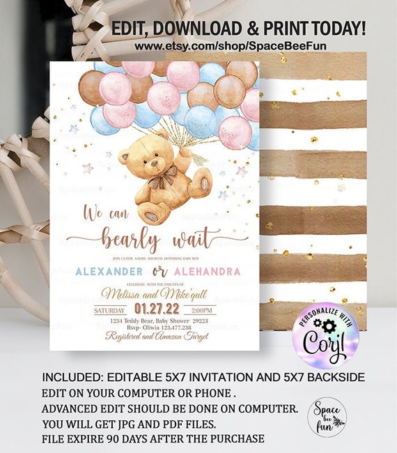 Editable Teddy Bear Baby Shower Invitation Bear Gender reveal Invite